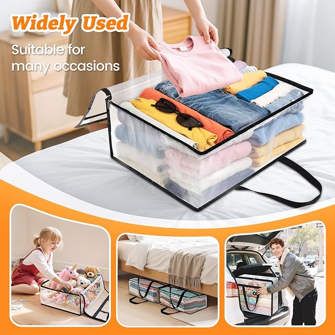 BlissTotes 4 Pack Clear Clothes Storage Bags, Moving Bags, Foldable Blanket Storage Under Bed Storage Containers with Sturdy Zipper and Handle for Clothing, Comforter, Bedding, Sheet (90L)