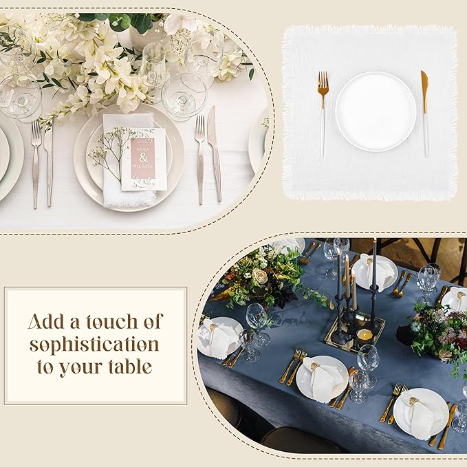 TURSTIN 12 Pieces Cotton Linen Cloth Napkin Handmade Cloth Napkin with Fringe 17 x 17 Inch Soft Cloth Dinner Wedding Napkin Square Rustic Fringe Table Napkin for Parties, Weddings, Ivory White