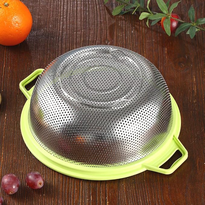 HiramWare Stainless Steel Colander With Handle and Legs, Large Metal Green Strainer for Pasta, Spaghetti, Berry, Veggies, Fruits, Noodles, Salads, 5-quart 10.5” Kitchen Mesh Colander, Dishwasher Safe