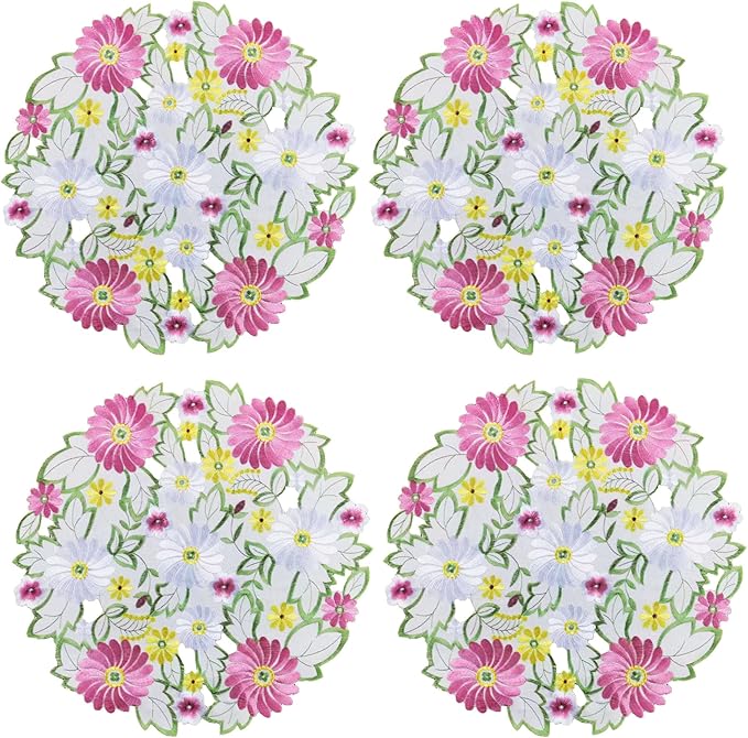 AMARED Spring Daisy Placemats Set of 4 Embroidered Flowery Applique Floral Cutwork Table Mats for Home Decoration (Round 14 Inch)