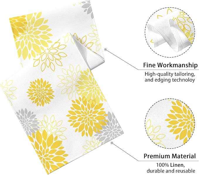 Dahlia Flower Table Runner 13x90 Inch Farmhouse Yellow Gray Runners Modern Table Decorations Rustic Geometric Coffee Table Runner for Home Kitchen Dining Room Party (13"x90", Dahlia Floral-Yellow)