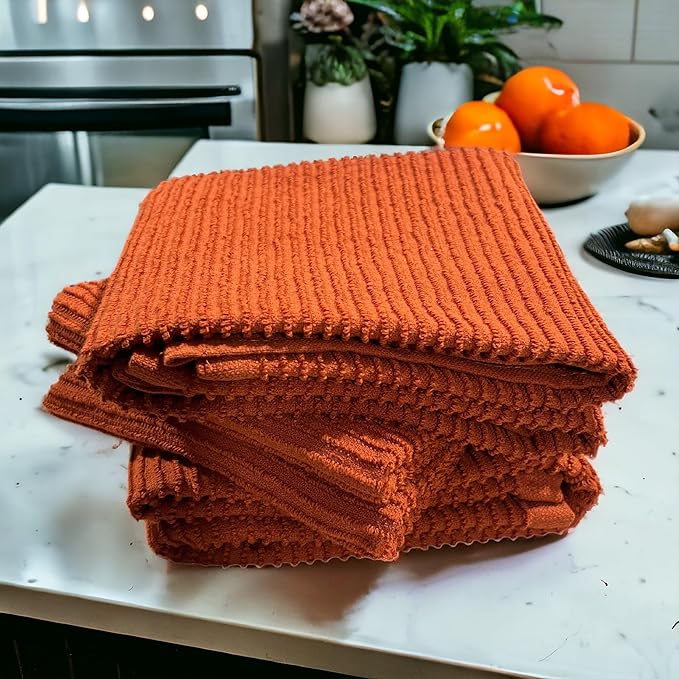 Serafina Home Kitchen Dish Towels for Hands Drying Cleaning Burnt Orange Rust 100% Cotton Soft Cloth Absorbent Terry Loop, Set of 3 Multipurpose Everyday Use Large Oversized 18" x 28"