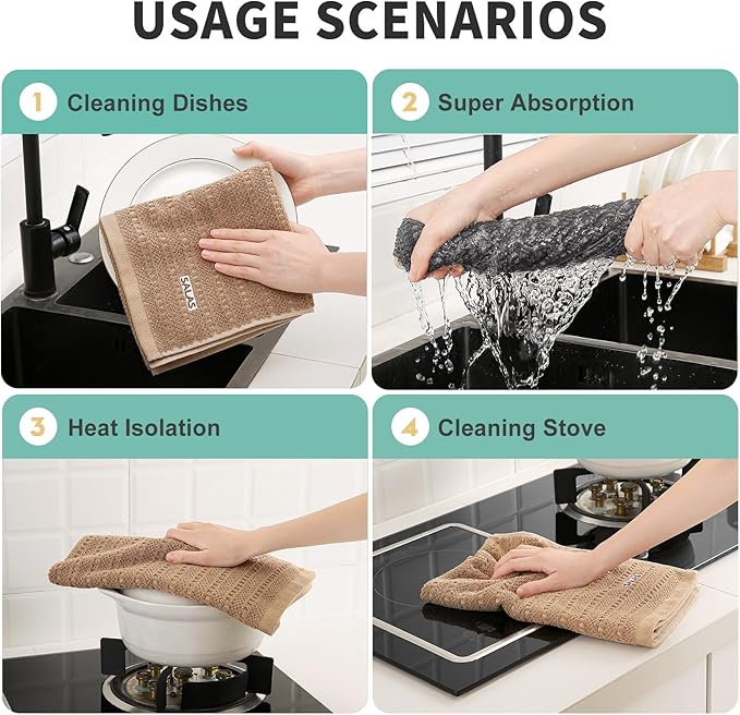 SALAS Kitchen Dish Towels, Bulk Cotton Kitchen Hand Towels, 390 GMS Plaid Dish Cloths Rags for Drying Dishes with Hanging Loop, 16‘’ x 26‘’, 4 Packs, Khaki