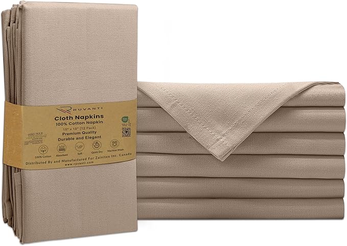 Ruvanti Cloth Napkins Set of 6, 100% Cotton High GSM 18x18 Inches Soft, Washable, Highly Durable & Absorbent, Perfect for Parties, Christmas, Thanksgiving Dinners – Light Taupe