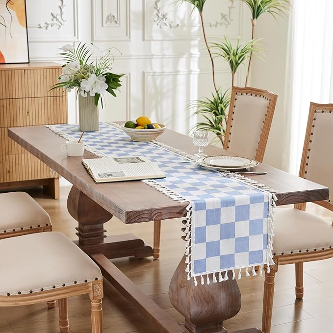 Ohocut Blue Checkered Table Runner with Tassel Farmhouse Rustic Vintage Cute Aesthetic Retro Cotton Linen Table Runner 72 Long for Dinning Race Party Decoration 13''x72''