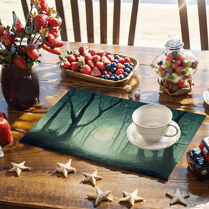 Misty Forest Placemats, 12 x 18 inch, Linen Placemat Kitchen Dining Room Decor Holiday Decor Rustic Vintage Waterproof Washable Placemat Set of 6