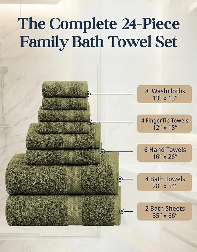 LANE LINEN Cotton Towels for Bathroom - 24 PCs - Highly Absorbent, Durable & Soft - 4 Bath, 4 Fingertip, 6 Hand Towels, 8 Washcloths, 2 Bath Sheets - Family Bundle Pack - Oil Green