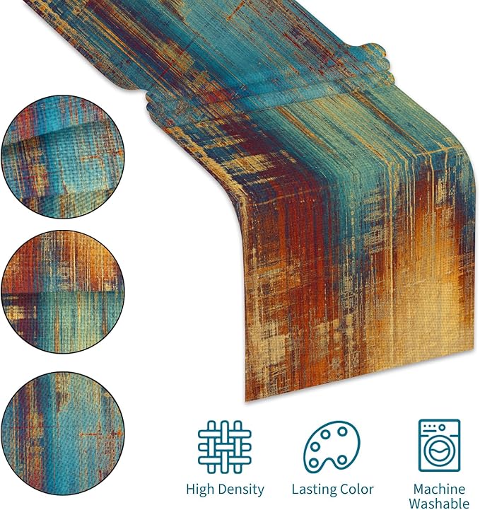 Burnt Orange Farmhouse Table Runner Vintage Abstract Blue and Orange Table Runner Messy Rust Painting Coffee Table Runners for Kitchen Dining Table Home Decor 71in