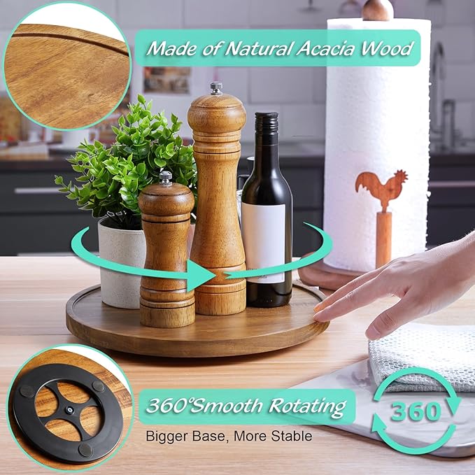 10" Acacia Wood Lazy Susan Turntable Organizer for Cabinet, Round Serving Tray Decorative Tray Vintage Centerpiece Candle Holder Tray, Farmhouse Tray for Kitchen Countertop Coffee Table Decor