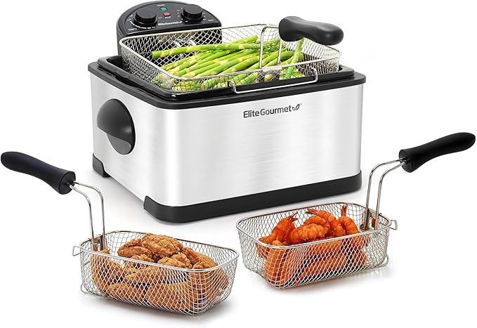 Elite Gourmet EDF-401TXB Electric 4.5 Qt. / 17 Cup Immersion Deep Fryer 3-Baskets, 1700-Watt, Timer Control, Adjustable Temperature, Lid with Viewing Window and Odor Free Filter