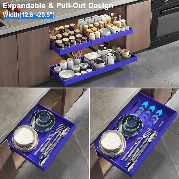 Mustorn 2 Pack Pull Out Cabinet Organizer, Expandable Slide Out Drawers for Kitchen Cabinets Peel and Stick Pullout Drawer Heavy Duty Sliding Shelves for Cupboard, Pantry, Bathroom(16.5" Deep, Blue)