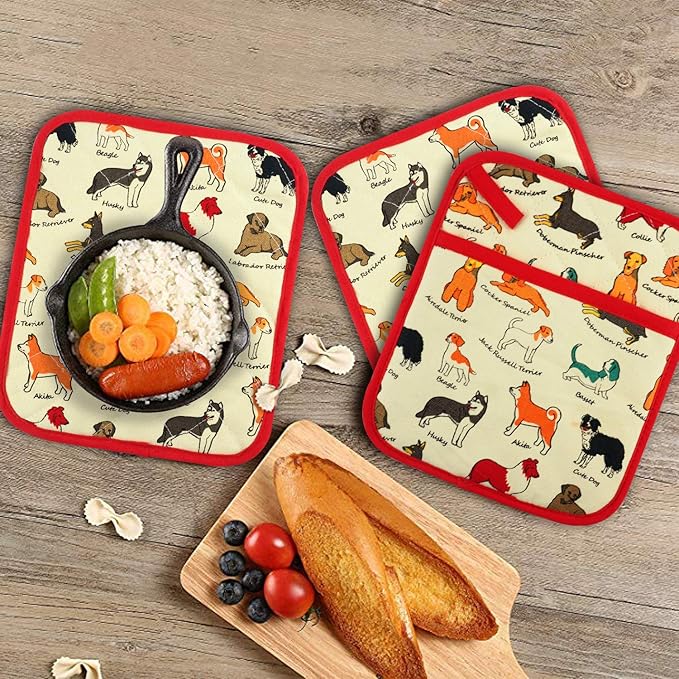 Pot Holders Set of 2 Heat Resistant 480℉ Kitchen 100% Cotton Comfortable Lining Printing Dog Flower Women Men Home Cooking Baking Microwave BBQ Gift(Dog)