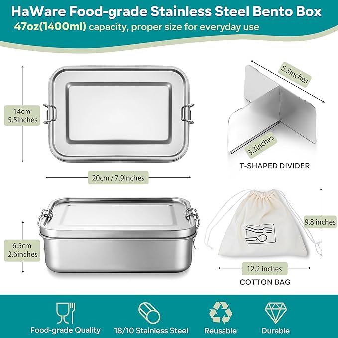 HaWare Stainless Steel Bento Box, 47oz (1400ml) Leak-Proof Lunch Box for Kids Adults, 3 Compartments Food Containers with Removable Dividers and Bag, Metal Lunch Containers for Snack Meal Sandwich