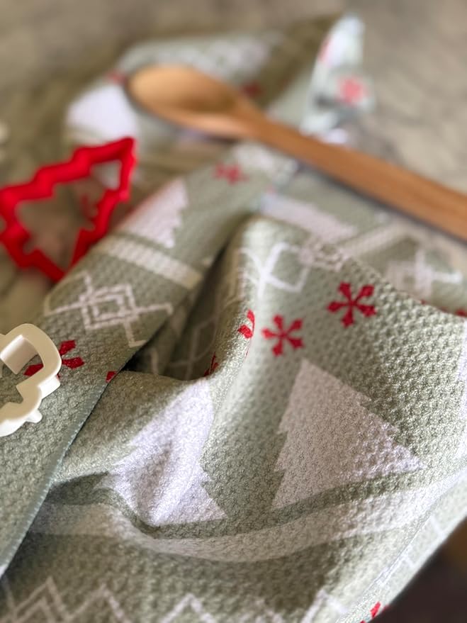 || 3 Pack|| Double Sided Dish Towels || Waffle Weave Microfiber || Highly Absorbent || Hanging Loop || Dish Cloths || Modern || Designer Prints || Lights (Christmas Mint 2 Pack)