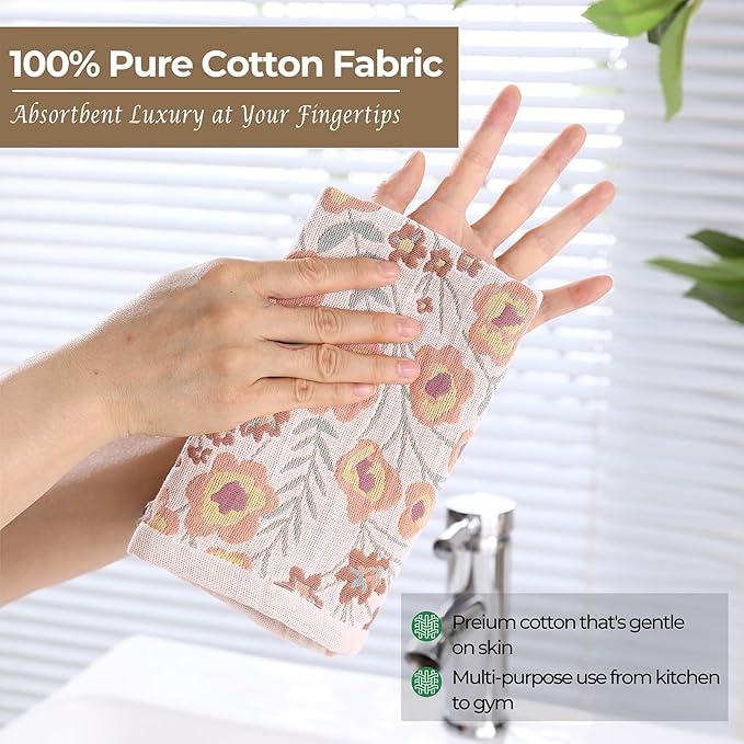 Kitchen Dish Towels for Drying 100% Cotton Set of 4, Ultra Absorbent Quick Drying Thick Reusable Cleaning Decorative Tea Towels with Hanging Loop,Reversible Boho Pretty Hand Towels,Floral