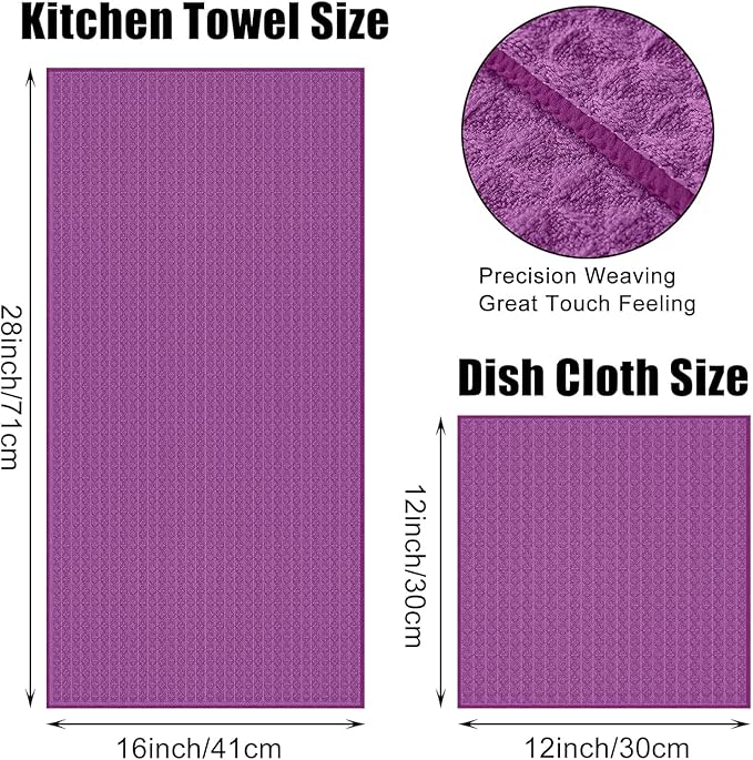 Homaxy Microfiber Waffle Weave Kitchen Towels Set, 16 x 28 Inch and 12 x 12 Inch Ultra Absorbent and Solid Color Dish Towels, 12 Pack, Purple