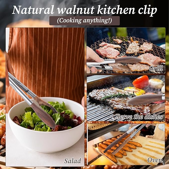 2 Pcs Wooden Tongs for Cooking, 9 & 10 Inch Durable Salad Tongs with Walnut Wood Tip Multifunctional Stainless Steel Handle Kitchen Tong for Serving Food, Bread, BBQ, Tossing Salad - Lock Dsign