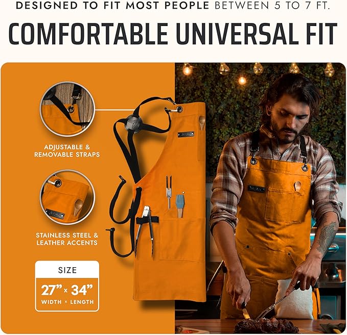Asaya Chef and BBQ Apron with Bottle Opener and Hand Towel - 10oz Cotton Canvas, Stainless Steel Hardware - Cross Back Straps