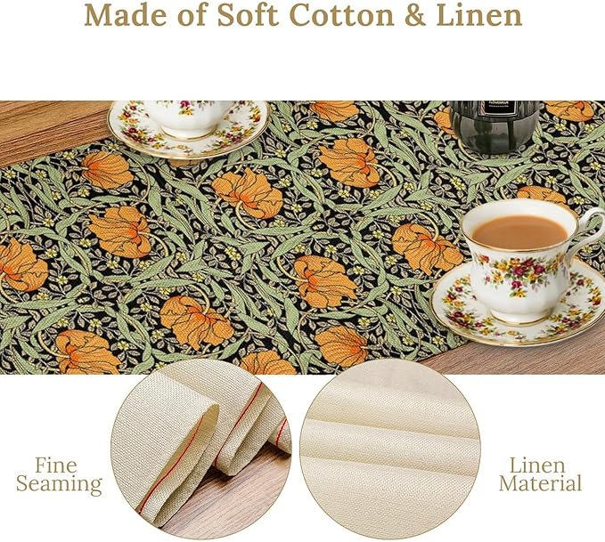 William Morris Vintage Floral Table Runner Farmhouse Sage Green Orange Art Printed Dinner Runner for Home Kitchen Dining Table Decor Fabric 1 Panel W13xL60in