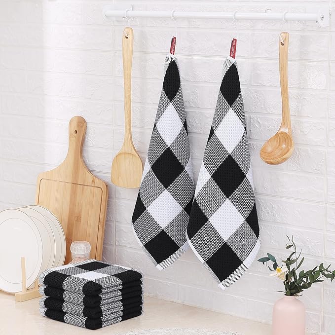 Homaxy 100% Cotton Waffle Weave Check Plaid Dish Cloths, 12 x 12 Inches, Super Soft and Absorbent Dish Towels Quick Drying Dish Rags, 8-Pack, White & Black