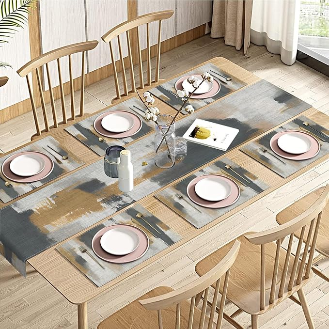 Emvency Vintage Grey Table Runner and Placemats Set of 6, Abstract Dark Gray Brown Decorations for Indoor Outdoor Dining Decor(1 Table Runner 72 inches Long and 6 Placemats)