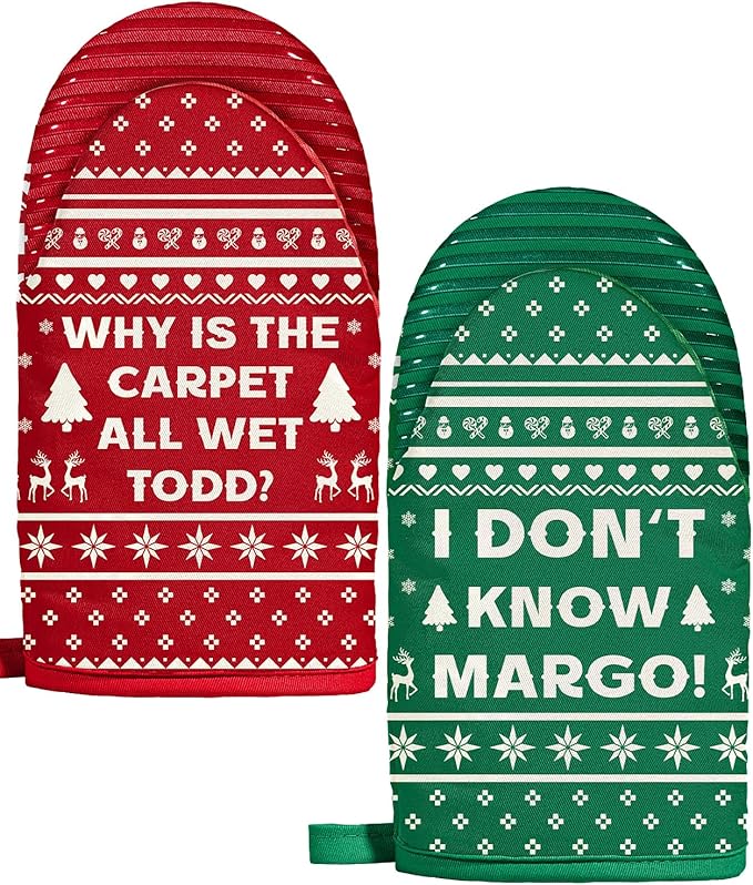 Slohif Mini Christmas Funny Oven Mitts Set – Extended Short Heat Resistant Kitchen Gloves for Women, 100% Cotton Oven Mitts with Silicone Grips, Non-Slip and Thick Durable for Cooking & Baking