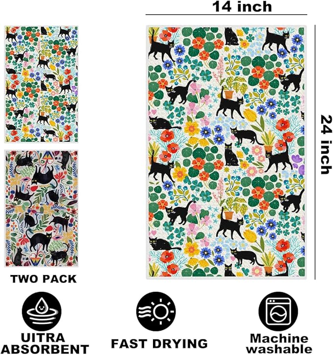 2Pcs Cat Kitchen Towels, Cats Floral Absorbent Tea Towel Decorative Dish Hand Towels Cat Lover Gifts for Cleaning Drying Cats Owners Women Mom Housewarming Gifts 14 x 24 Inch Kitchen Home Decor-2