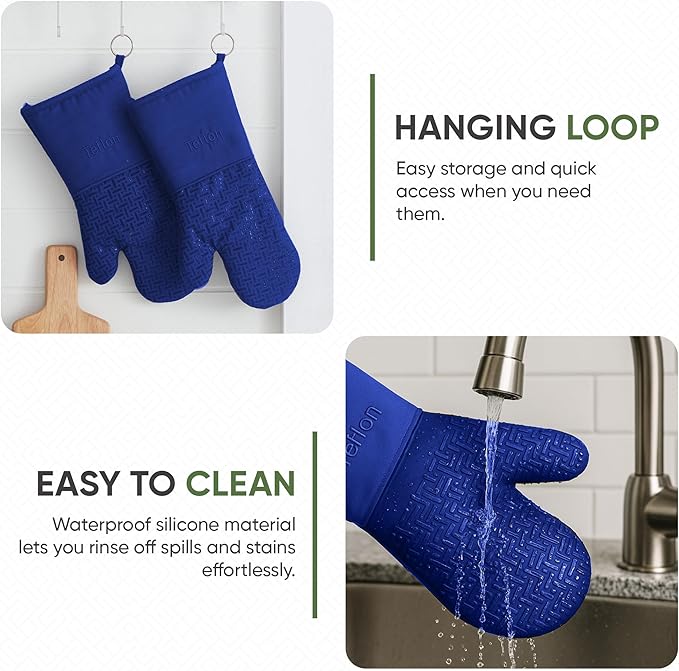 Xlnt Extra Long Oven Mitts (Blue) | Teflon EcoElite Water Repellent | Heat Resistant for Oven Cooking, Grill & BBQ | Non Slip Gloves with Teflon EcoElite Finish, Cotton Lining & Hanging Loop