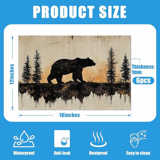 Retro Bear Pine Tree Placemats Set of 6, Vintage Washable Linen Place Mat Heat Resistant Non Slip Kitchen Dining Table Mats 12x18 Inch