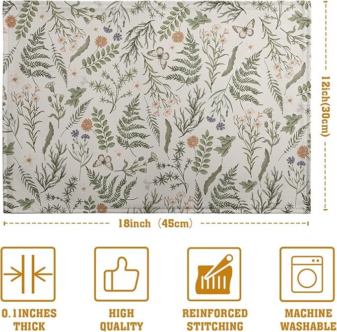 Sage Green Wild Flower Spring Summer Placemats Set of 4 Seasonal Wildflower Plants Herbs Linen Table Mats 12x18 Inch Vintage Floral Place Mats for Farmhouse Kitchen Dining Decoration