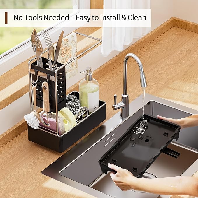 MOUKABAL Sponge Holder for Kitchen Sink, 2-Tier Sink Caddy Organizer with Drain Holes and Hooks, Holds Dishcloth, Sponge & Brushes, Kitchen Countertop Storage for New Home Essentials Black