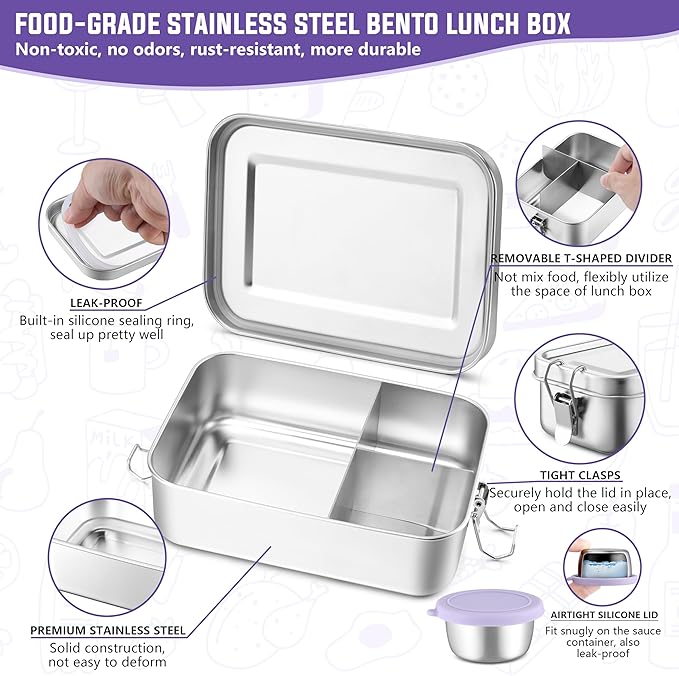 HaWare Lunch Box, 47oz (1400ml) Large Stainless Steel Bento Box with Condiment Container and Carrying Bag, 3 Compartment Food Container for Kids and Adults, Leak-Proof Metal Snack Box, Dishwasher Safe