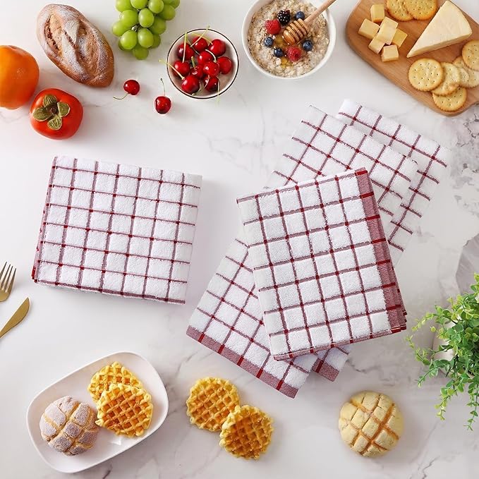Homaxy Premium Kitchen Towels(16”x 28”, 6 Pack), Large Ring Spun Cotton Dish Towels, Super Absorbent Soft Terry Kitchen Hand Towels, Check Design Tea Towel Set with Hanging Loop, Red