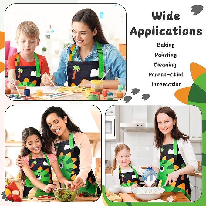 R HORSE 2Pcs Adults Kids Matching Apron Set, Dinosaur Theme Parent and Child Adjustable Kitchen Matching Apron, Funny Cooking Birthday Gift for Women Men Kid Cooking Baking Painting Gardening