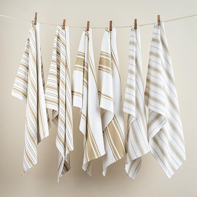 Kitchen Towels Set – Pack of 6 (20’’ x 30’’) Extra Large Premium Cotton Dish Towels for Kitchen – Absorbent – 100% Cotton – with Hanging Loop – Taupe Multi Design Striped