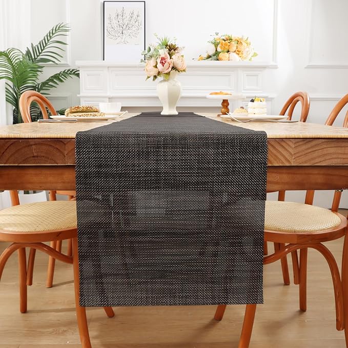 SHACOS Woven Vinyl Table Runner 12 x 54 inch Wipeable Plastic Table Runners Heat Resistant Runner for Table Indoor Outdoor, Black Brown