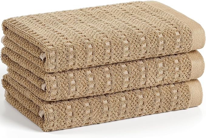 SALAS Kitchen Dish Towels, Bulk Cotton Kitchen Hand Towels, 390 GMS Plaid Dish Cloths Rags for Drying Dishes with Hanging Loop, 16‘’ x 26‘’, 3 Packs, Khaki