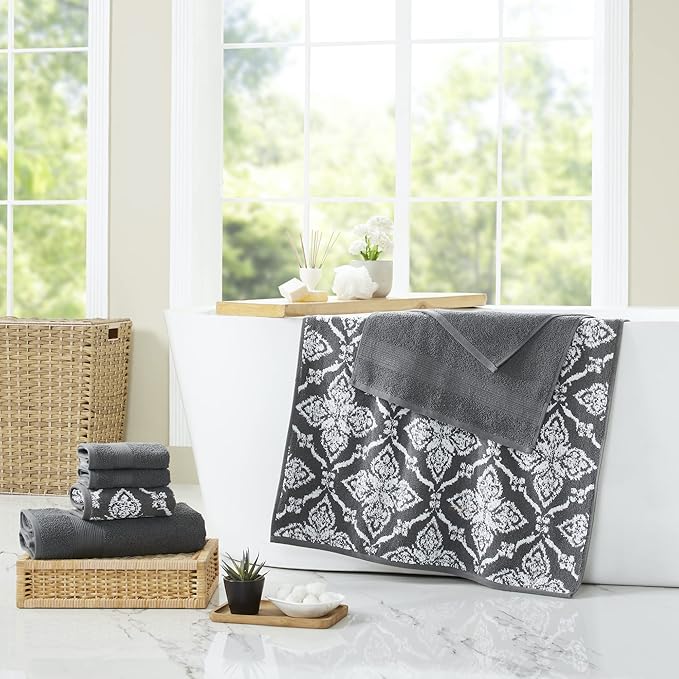 Modern Threads Amaris 6-Piece Reversible Yarn Dyed Jacquard Towel Set - Bath Towels, Hand Towels, & Washcloths - Super Absorbent & Quick Dry - 100% Combed Cotton, Coal