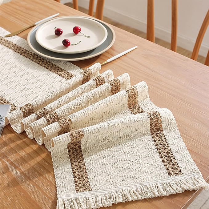 Niviy Boho Table Runner 108 Inches Long Easter Spring Farmhouse Macrame Table Runner Cotton Linen Woven Table Runners for Summer Dining Table Home Decor, Beige & Brown