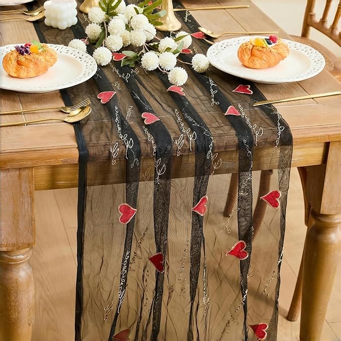 YATOJUZI Black Table Runner Red Heart Embroidery Valentine's Day Decorations Black Tulle Dining Table Runners for Home Kitchen Decor Anniversary Wedding Party