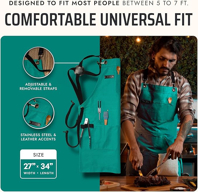 Asaya Chef and BBQ Apron with Bottle Opener and Hand Towel - 10oz Cotton Canvas, Stainless Steel Hardware - Cross Back Straps