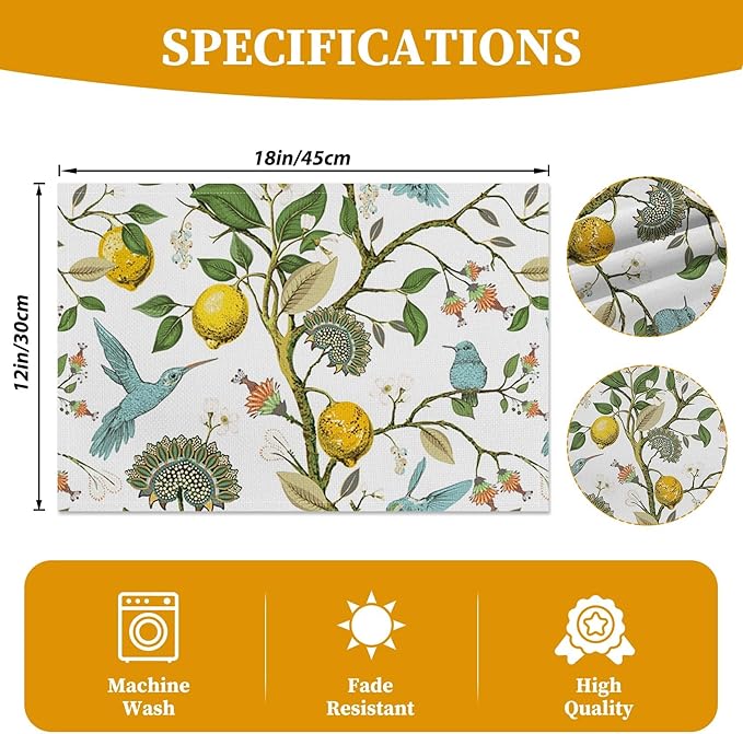 Lemon Tree Blue Bird Flower Placemats Set of 4 Seasonal Washable Linen Cotton Table Mats for Party Kitchen Dining Decoration 12x18 Inch