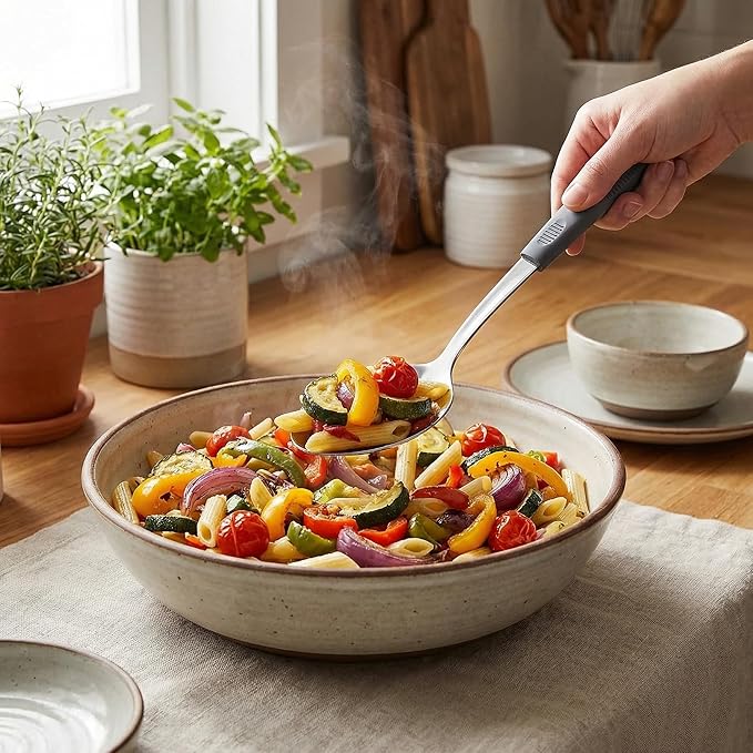 Stainless Steel Serving Spoons & Slotted Spoons Set, with Non-Slip Silicone Handles,2-Piece Metal Serving Spoon, Slotted Metal Spoon for Home Kitchen, Parties & Daily (Dark gray)