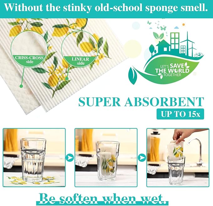 Boao Set of 6 Lemon Kitchen Dishcloths Cleaning Cloths Absorbent Cloth No Odor Reusable Dish Towel for Kitchen, Hand, Counter Wipes Practical Gifts