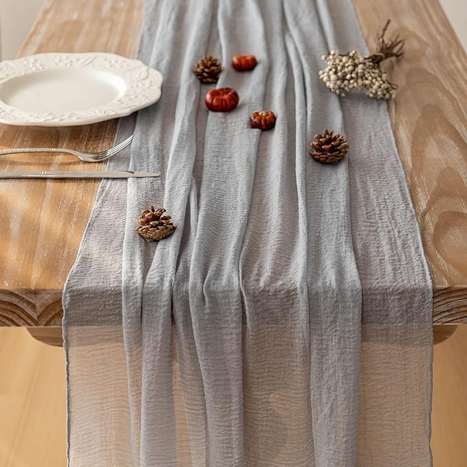Keketoarrange 3pcs Dusty Blue Gauze Rustic Cheesecloth Table Runner 120 Inch 10 FT for Wedding Baby Shower Bridal Shower Birthday Engagement Garden Outdoor Party Long Sheer Boho Decorations