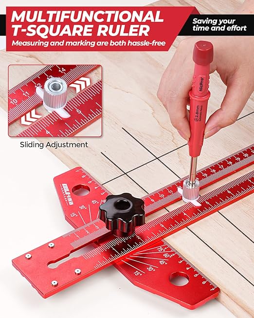 Nicpro Woodworking Scriber Marking Line Ruler, Adjustable Aluminum Alloy Sliding T-Square Ruler with Carpenter Pencil, Angle Adjustment Scale, Precision Line Drawing aid Ruler Tools for Woodworking