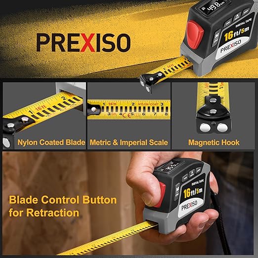 PREXISO 2-in-1 Digital Tape Measure - 16Ft Rechargeable Digital Measuring Tape Ruler Ft/Ft+in/in/M/CM/MM Unit, Metric & Inches Retractable Measurement Tape Tools, Auto Lock, Pythagorean, Area, Volume