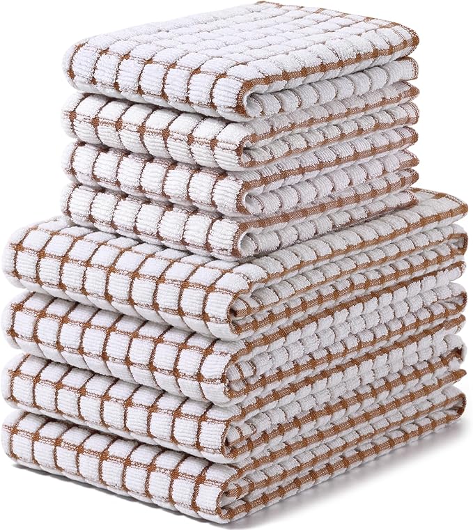 Homaxy Kitchen Towels and Dishcloths Set, 16 x 25 and 12 x 12 Inches, Set of 8 Cotton Terry Kitchen Dish Towels, Super Soft and Absorbent Dish Cloths, Brown