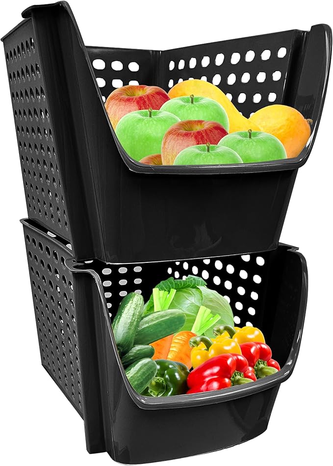 Skywin TidyFriend Plastic Stackable Storage Bins for Pantry -4 Pack Stackable Bins For Organizing Food, Kitchen, and Bathroom Essentials (Black)