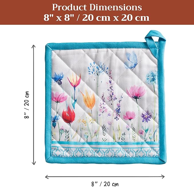 Maison d' Hermine Pot Holders 100% Cotton Heat Resistant Potholders 8" x 8" Hot Pads with Loop BBQ Baking Gifts for Mothers Day Handling Hot Pans Spring/Summer (Pack of 1, Flower in The Field)